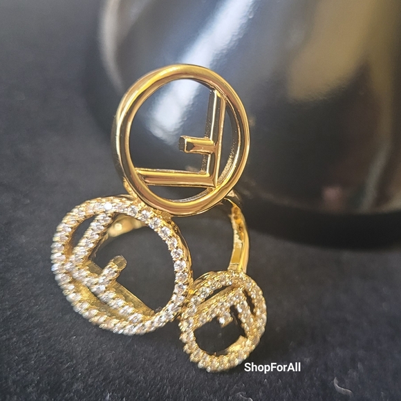 Fendi Gold Rhinestone Three Circle F Ring Adjustsble - Picture 1 of 6
